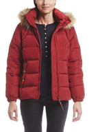 Women's burgundy puffer jacket with fur-trim hood, button placket, and elastic cuffs