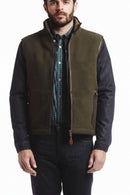 Men's olive green fleece gilet with stand collar, full zip, and chest patch pocket