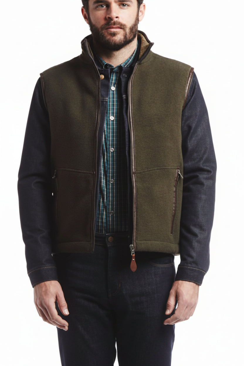 Men's olive green fleece gilet with stand collar, full zip, and chest patch pocket