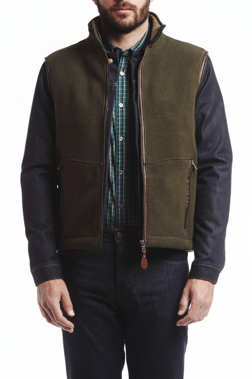 Men's fleece waistcoat in olive green with full front zip and side pockets