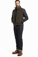 Men's fleece gilet in olive green with zipped front, high collar, and drawcord hem