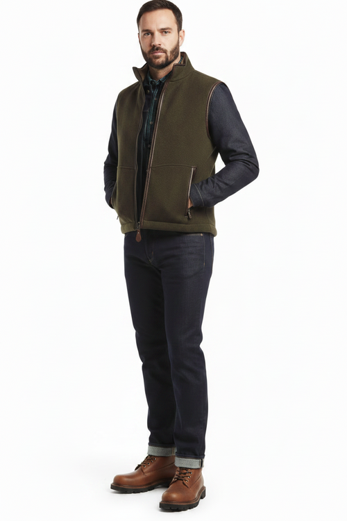 Men's fleece gilet in olive green with zipped front, high collar, and drawcord hem