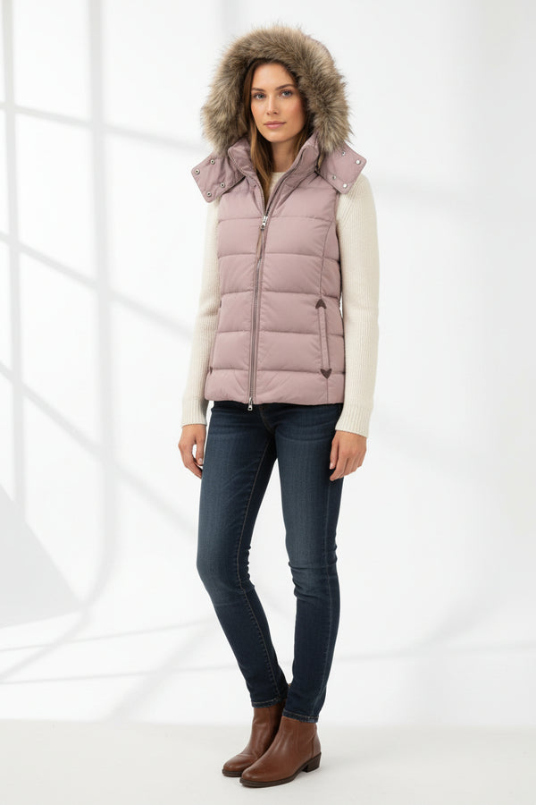 Aigle ladies quilted gilet in mauve with faux-fur trimmed hood and front zip