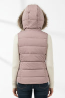 Ladies hooded puffer gilet with faux-fur trim, mauve, quilted and zipped, rear view