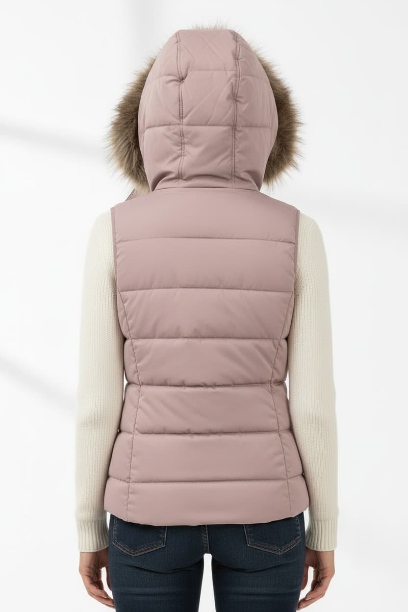 Ladies hooded puffer gilet with faux-fur trim, mauve, quilted and zipped, rear view