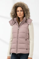 Ladies hooded puffer gilet with faux-fur hood trim, mauve quilted zip-front, model front view