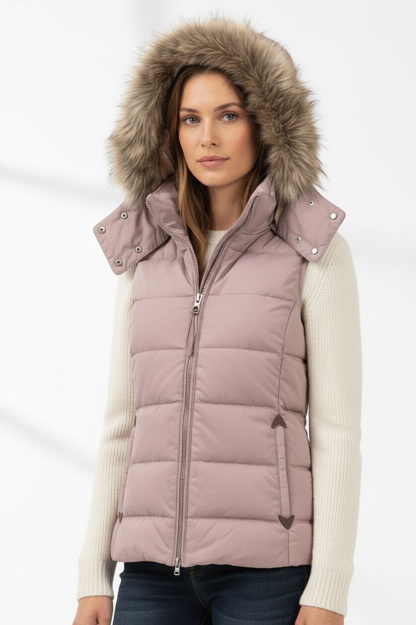 Ladies hooded puffer gilet with faux-fur hood trim, mauve quilted zip-front, model front view