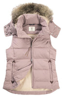 Aigle ladies quilted gilet mauve with faux-fur hood trim, front zip; interior visible
