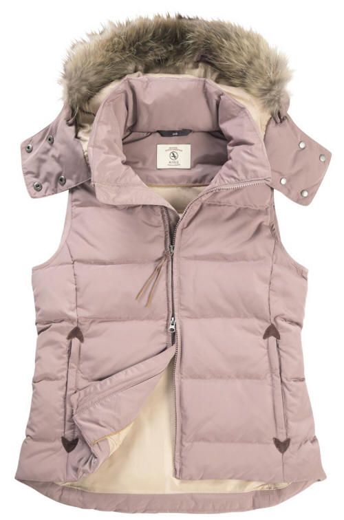 Aigle ladies quilted gilet mauve with faux-fur hood trim, front zip; interior visible
