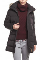 Black quilted down jacket with faux-fur trimmed hood and front zip, long sleeves