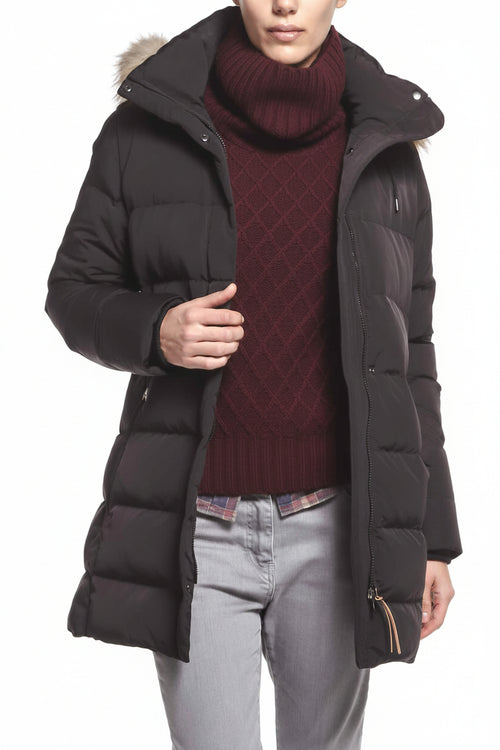 Black quilted down jacket with faux-fur trimmed hood and front zip, long sleeves