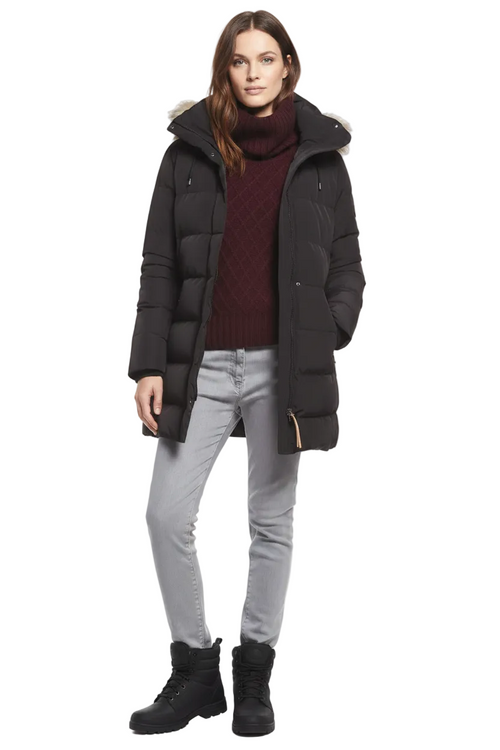 Black puffer jacket with fur-trimmed hood, zip front pockets, knee-length