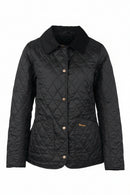 Black quilted women’s jacket with button front and stand collar, front view