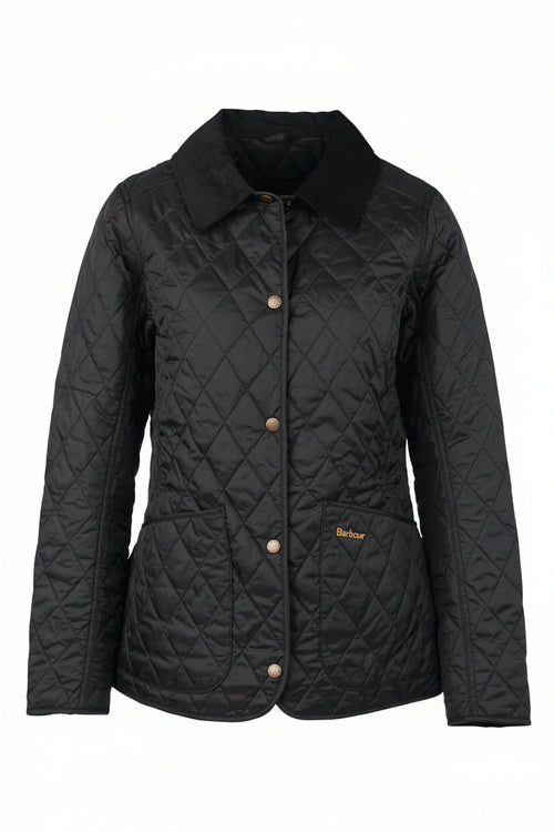 Black quilted women’s jacket with button front and stand collar, front view
