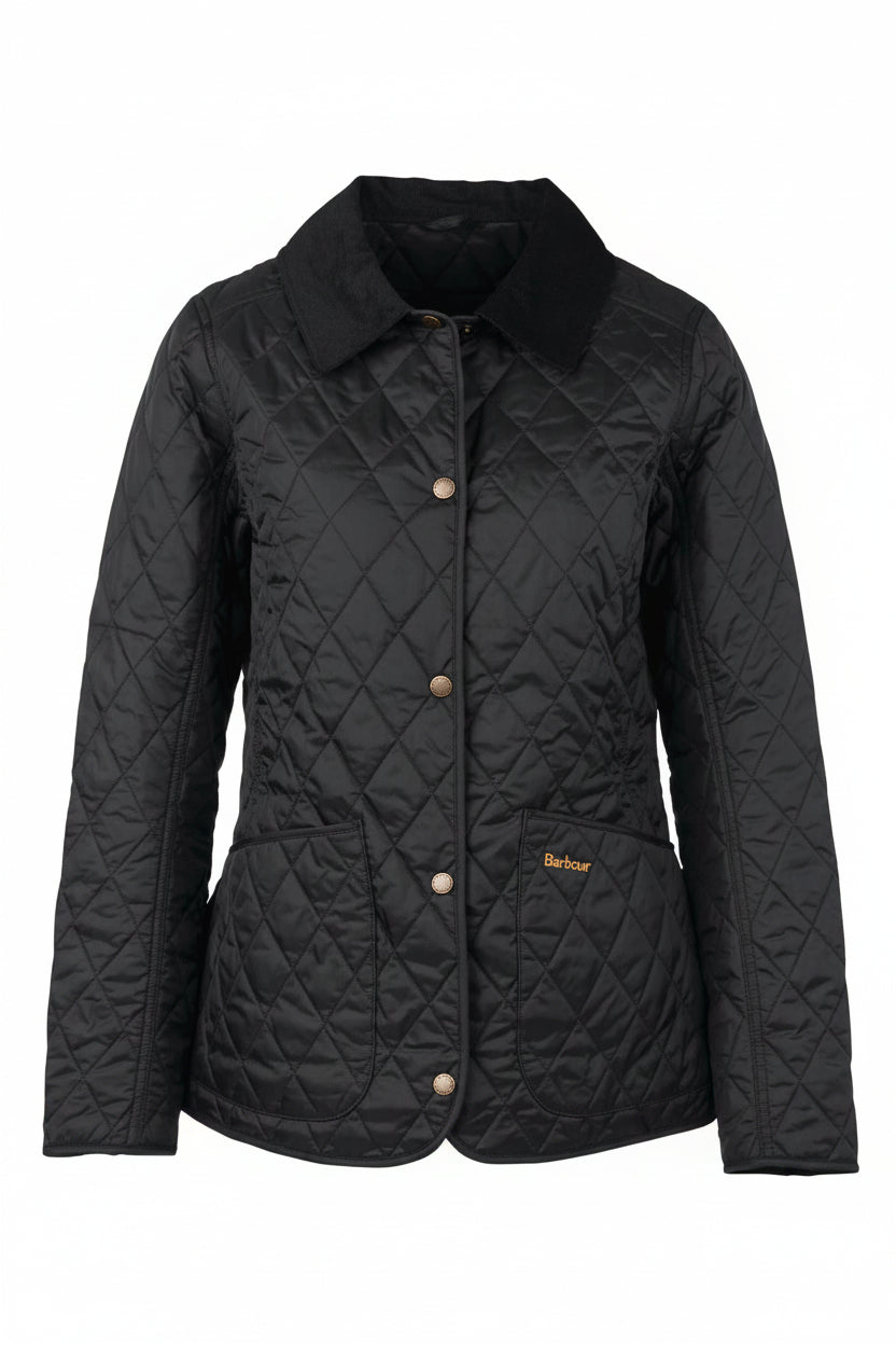 Black quilted women’s jacket with button front and stand collar, front view