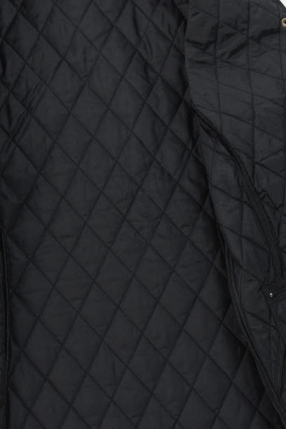 Black quilted jacket with diamond stitch pattern, close-up on outer panel