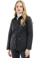 Black quilted women’s jacket with button front and stand collar, front view