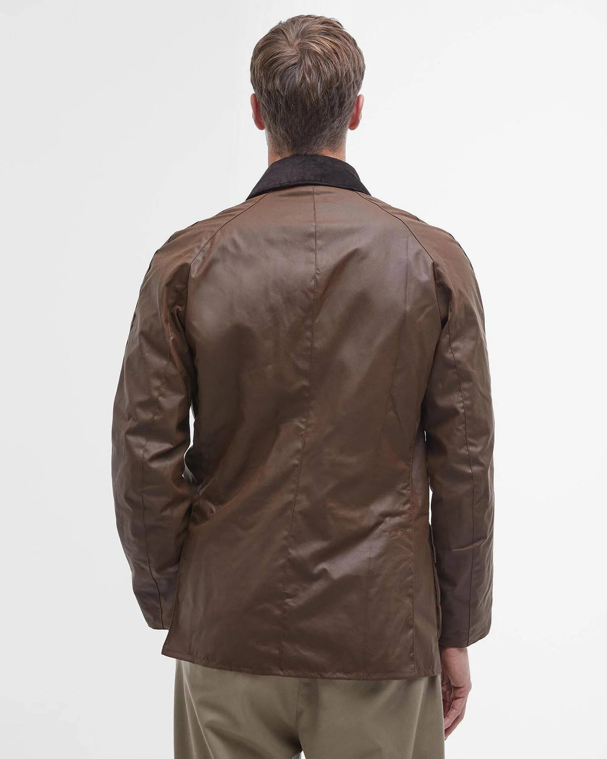 Barbour Ashby Wax Jacket - Barkwax jacket with stand collar and button-back, viewed from the rear