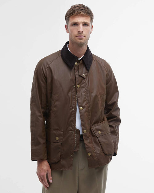 Barbour Ashby Wax Jacket - Bark wax jacket with dark collar, button front, and flap pockets
