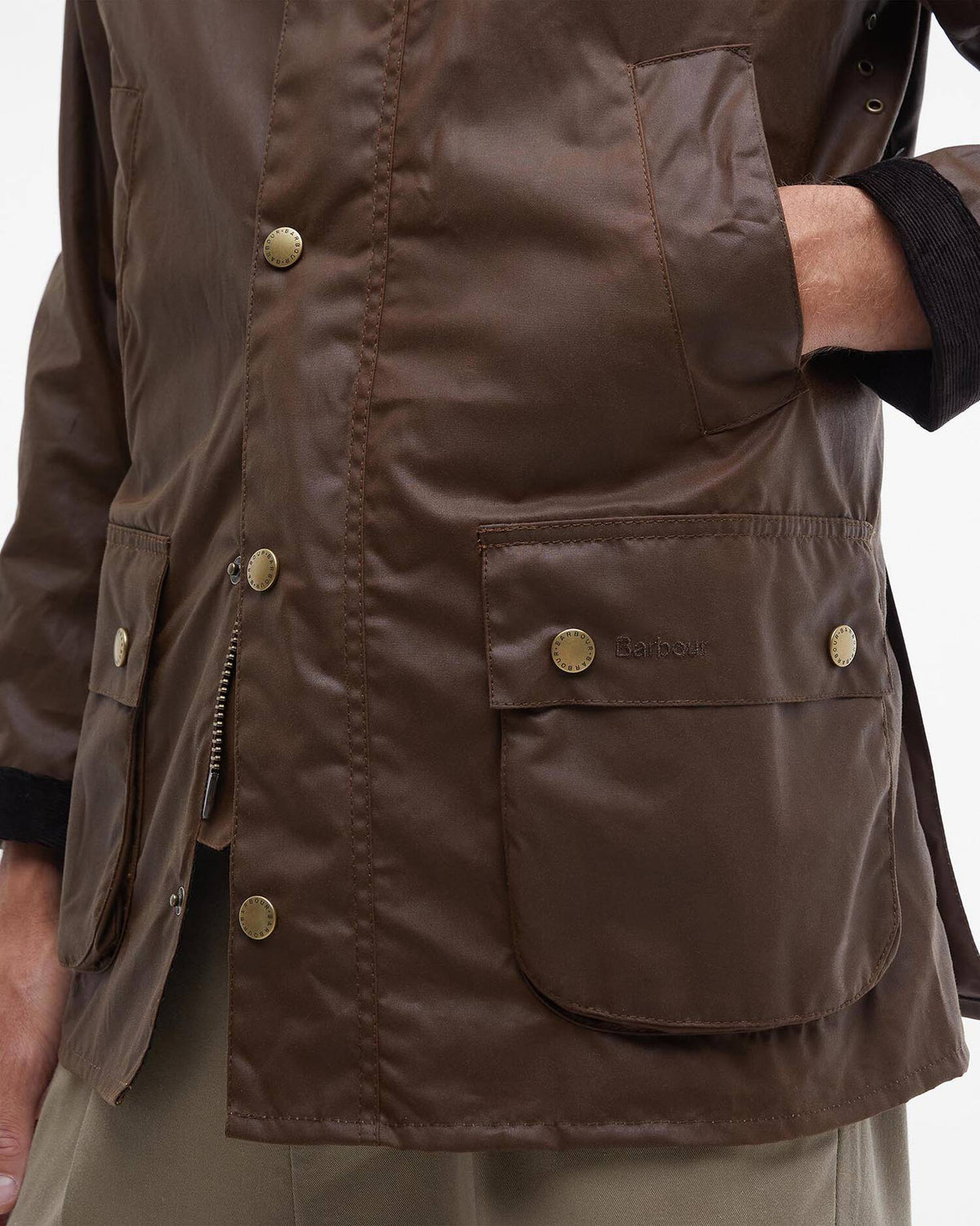 Barbour Ashby Wax Jacket - Bark wax jacket chest pocket with Barbour-branded button and zipper detail