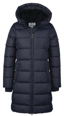 Dark navy long quilted hooded jacket with zip front and Barbour label
