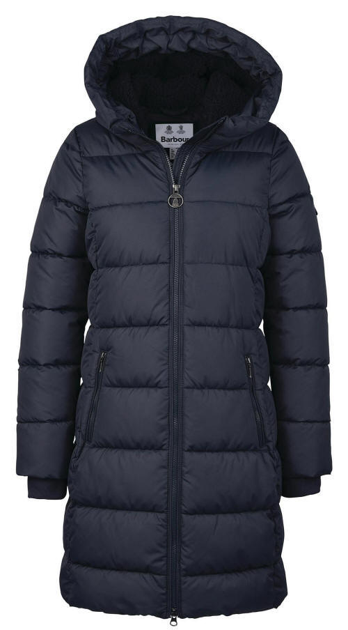 Dark navy long quilted hooded jacket with zip front and Barbour label