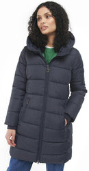 Dark navy long quilted hooded jacket with zip front and side pocket detail
