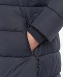 Dark navy quilted jacket front zipper with angled zip pull and padded panels