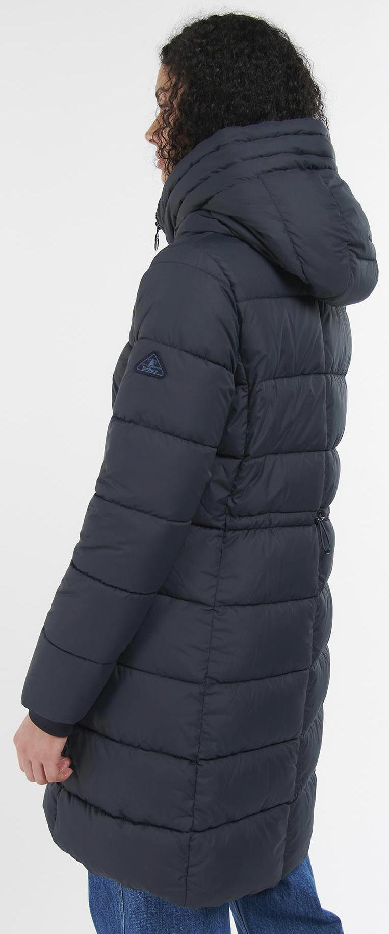 Dark navy long quilted hooded jacket with curved hem and side pocket
