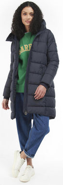 Dark navy hooded quilted jacket with full-length zip and side pockets