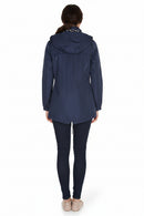 Navy waterproof hooded jacket with back view, long sleeves and button front