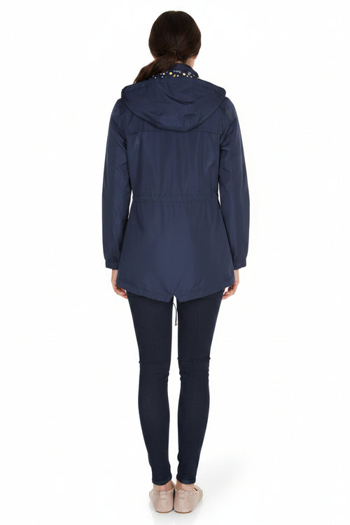 Navy waterproof hooded jacket with back view, long sleeves and button front