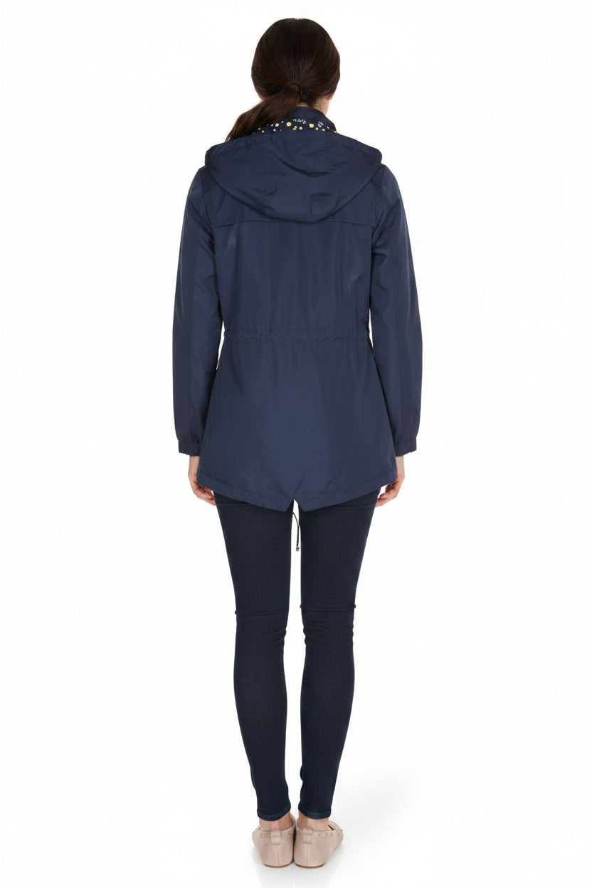 Navy waterproof hooded jacket with back view, long sleeves and button front