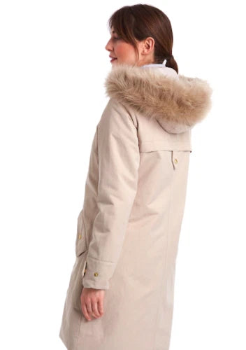 Cream waterproof parka jacket, rear view with faux fur hood trim and snap cuff tabs