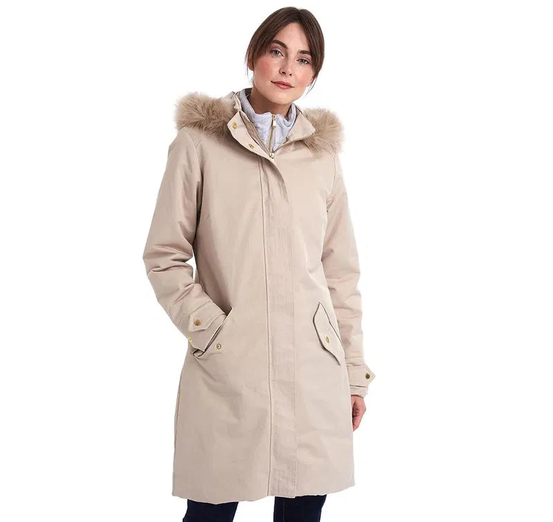 Cream long waterproof parka with faux fur-lined hood, zip front, side flap pockets