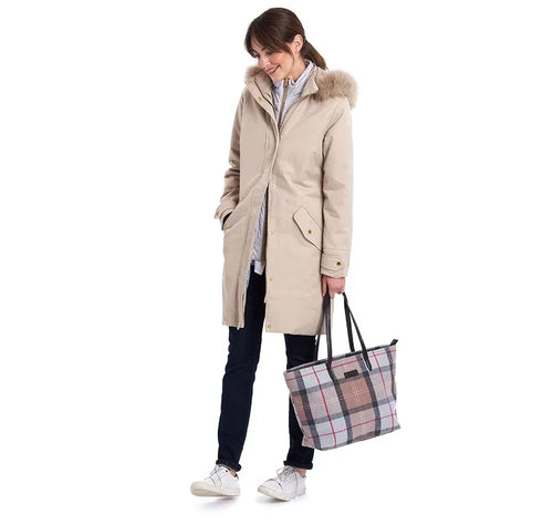Cream waterproof parka jacket with faux fur hood, front zip and snap pockets