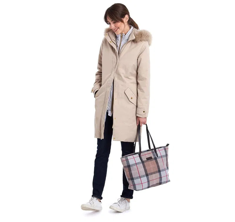 Cream waterproof parka jacket with faux fur hood, front zip and snap pockets