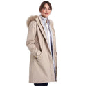 Cream waterproof coat with faux fur hood trim and gold buttons