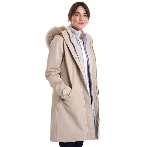 Cream waterproof coat with faux fur hood trim and gold buttons