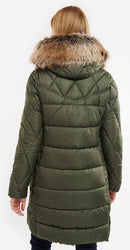 Olive quilt jacket back view with diamond quilting and faux fur hood trim