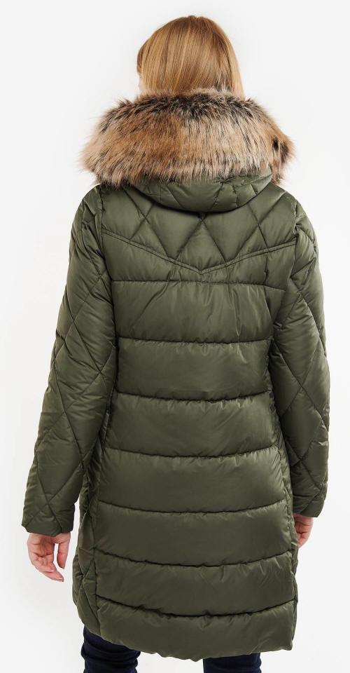 Olive quilt jacket back view with diamond quilting and faux fur hood trim