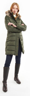 Olive quilt jacket with faux fur hood trim, button front, and full-length profile