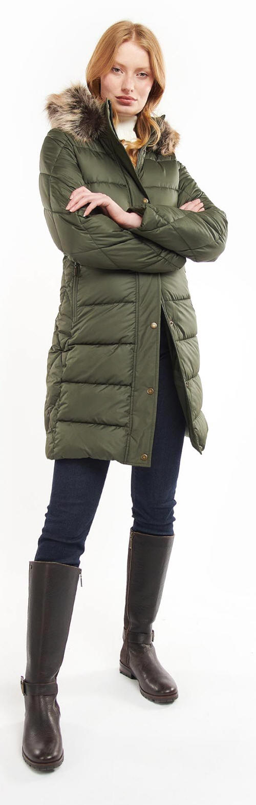 Olive quilt jacket with faux fur hood trim, button front, and full-length profile