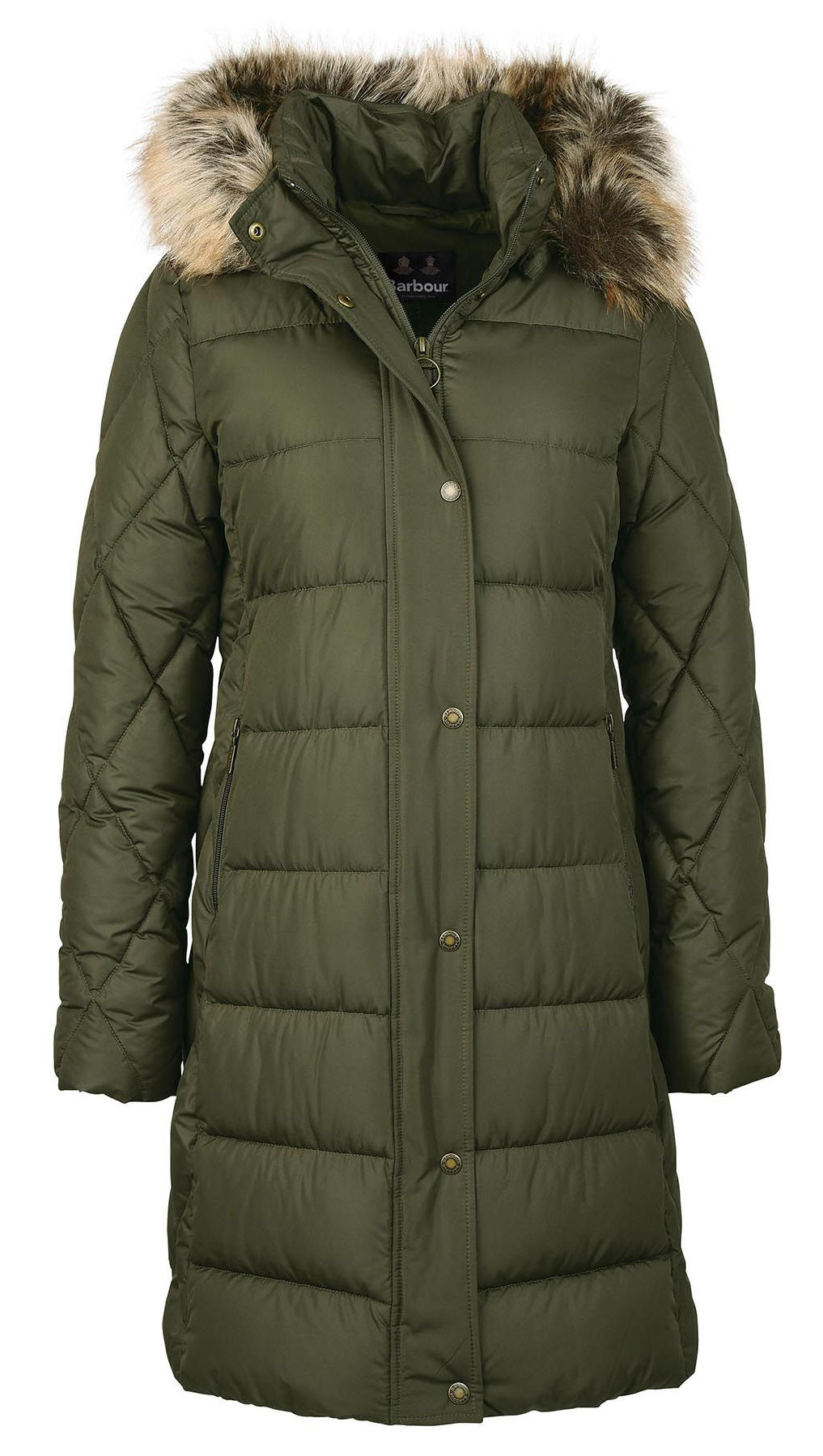 Olive quilt jacket front view with faux fur trimmed hood and button placket