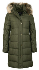 Olive quilt jacket front view with faux fur trimmed hood and button placket