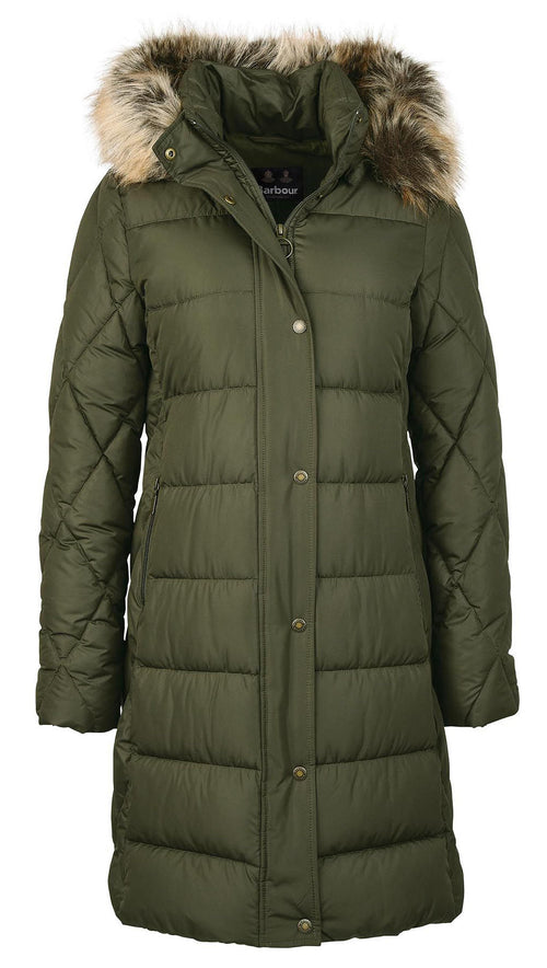 Olive quilt jacket front view with faux fur trimmed hood and button placket