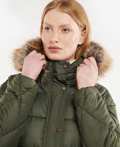 Olive quilt jacket hood area with faux fur trim and buttoned front opening