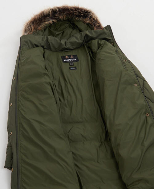 Olive quilt jacket with faux fur trimmed hood and front snap placket