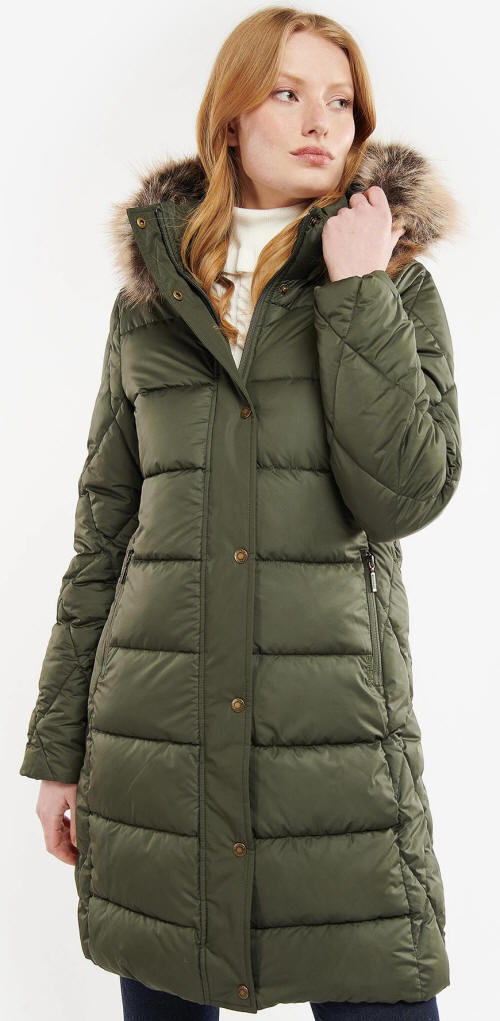 Olive quilt jacket with faux fur hood trim, button front, and long sleeves