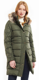 Olive quilt jacket front view with faux fur hood trim and buttoned closure